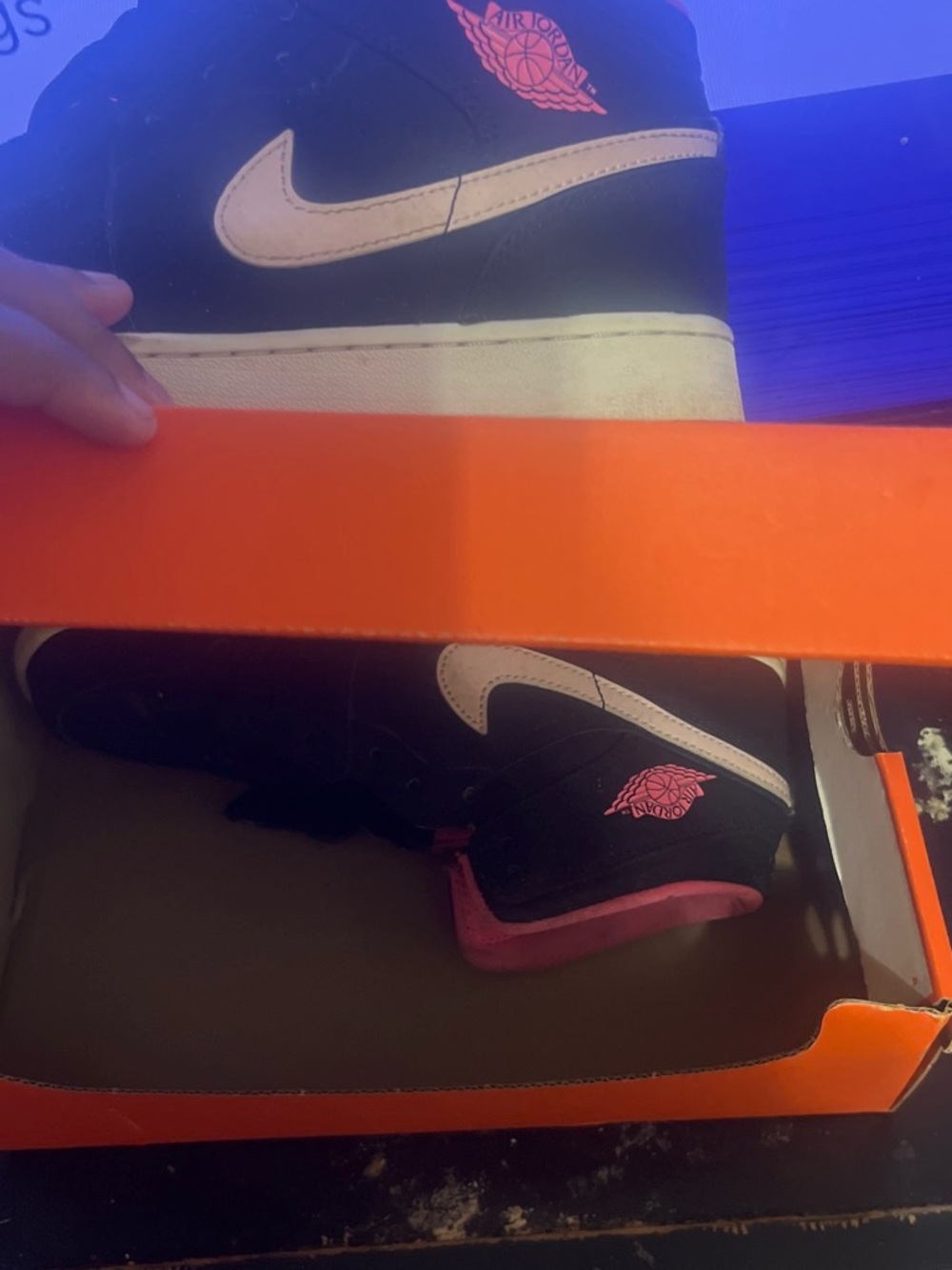 Jordan Women's Black and Pink High-Top Sneakers with White Swoosh - Picture 4 of 5